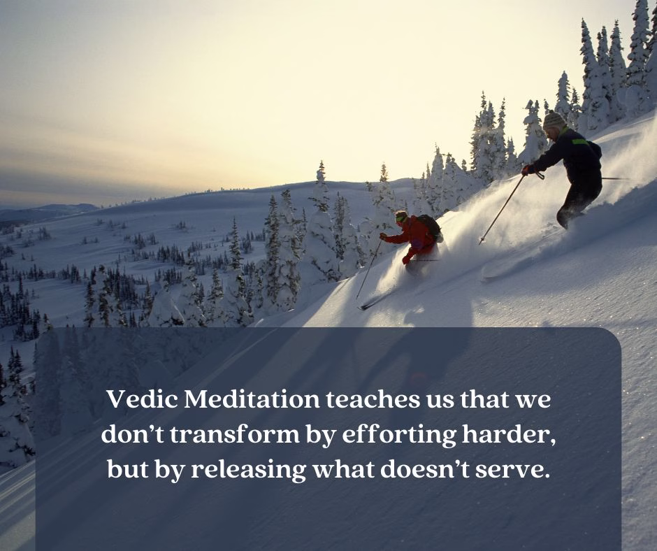 Two people skiing down a mountain, capturing the freedom, surrender, and presence that come from letting go—key themes in personal growth and mindfulness.